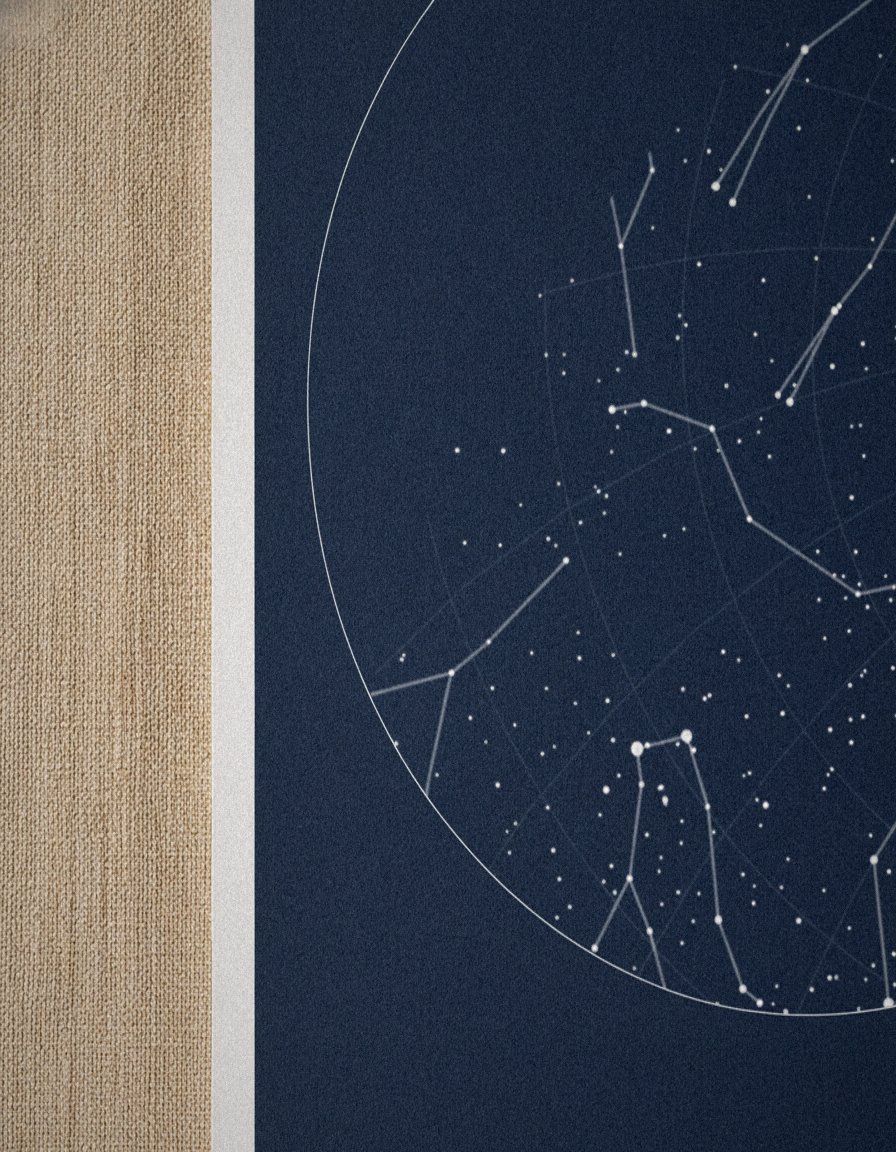 Unframed star map print macro on linen and wood