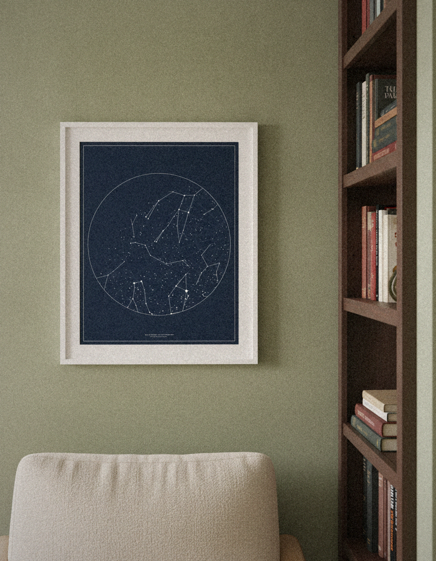Framed navy star map print in a sage-green reading nook