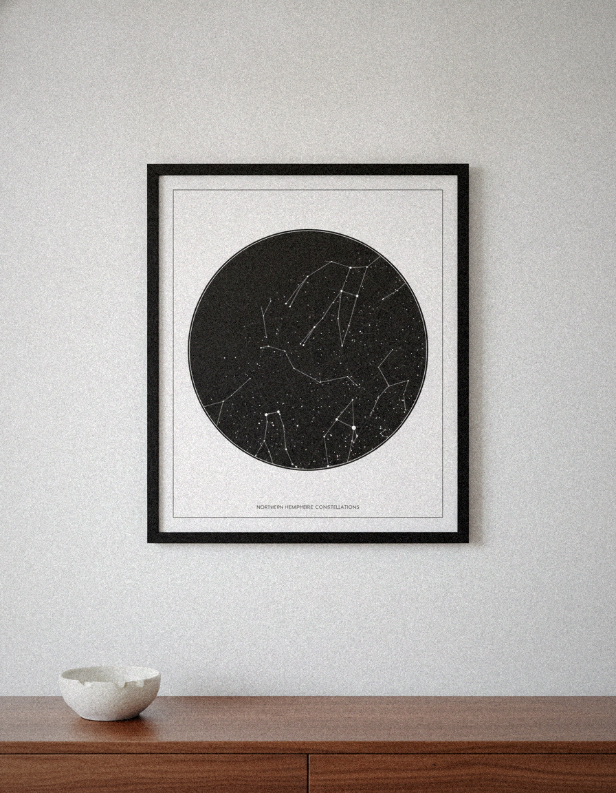 Framed charcoal star map print above a walnut console table