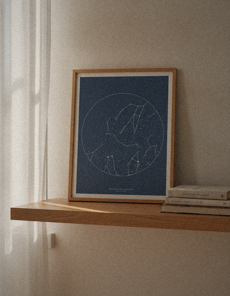 Framed dusk-blue star map print on an oak shelf