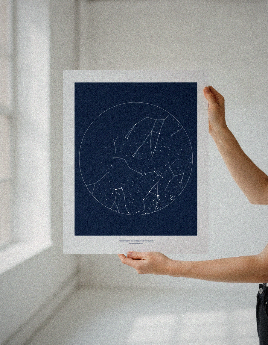 Hands holding an unframed star map print in a bright studio