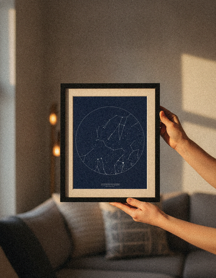 Hands holding a framed navy star map print in warm light